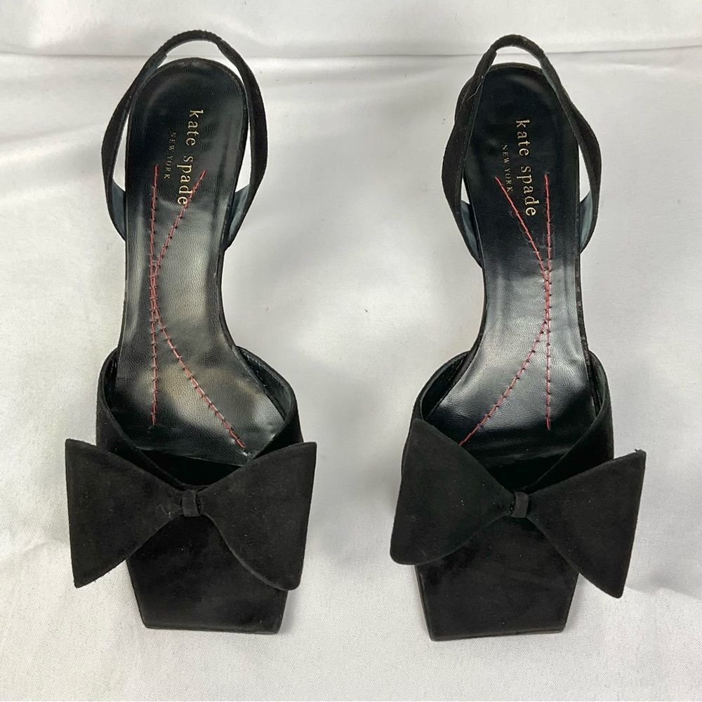 Kate Spade Avenue Bow Slingback Heels Black Suede Kitten Heel Size 8 Italy